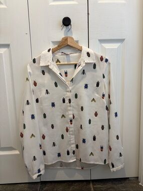 Forever 21 White Button-Down Shirt with Multicolor Beetle Print